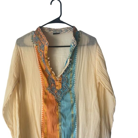 Occhi Blu Women's L/XL Sheer Beaded India Orange Blue Celestial Gypsy Tunic Top - Picture 2 of 12